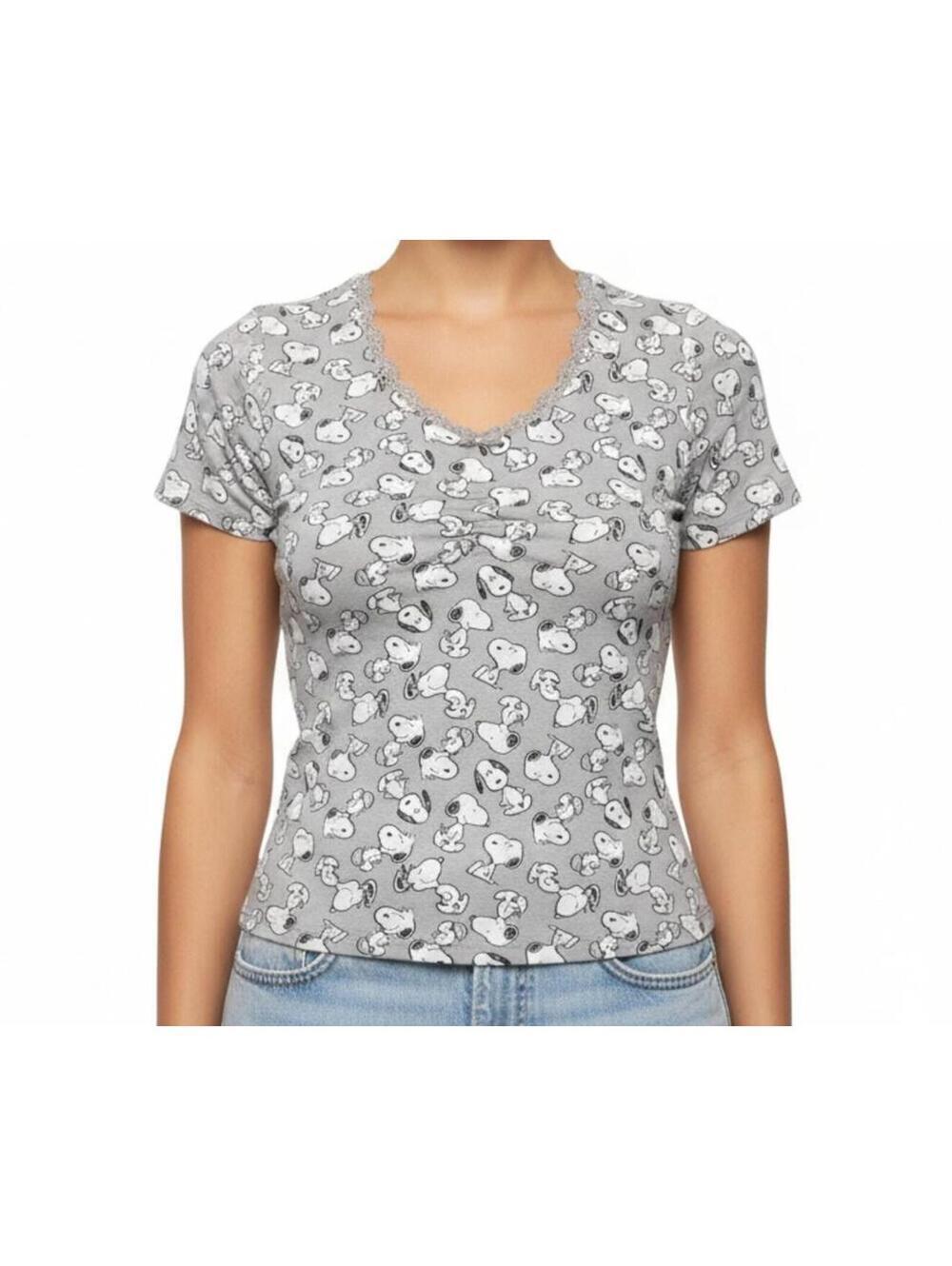 TOP Gray Snoopy Patterned Short Sleeve V-Neck T-Shirt SIZE XS